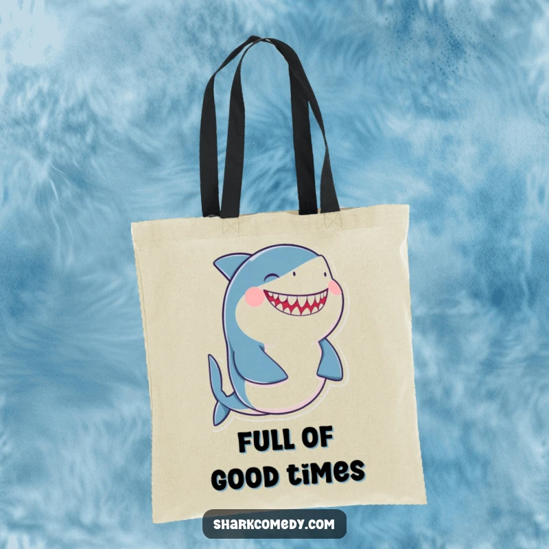 Funny giggling shark tote bag showing a shark laughing uncontrollably while holding its belly, ideal for carrying humor.