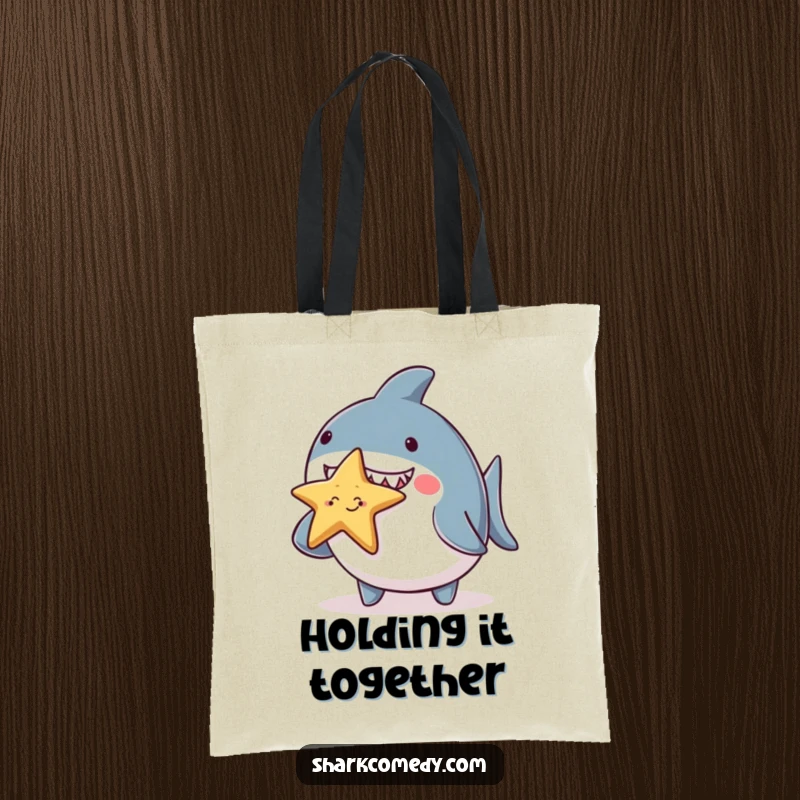 Funny chubby shark tote bag, balancing a tiny smiling starfish on its nose, a cute and humorous bag for carrying everyday essentials.