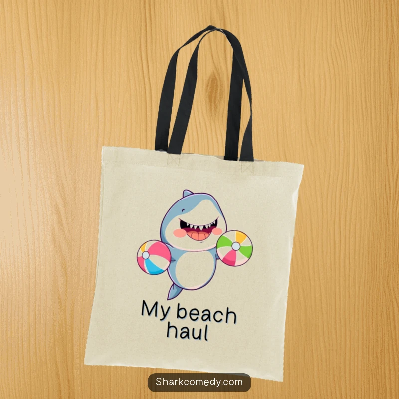Funny shark juggling colorful beach balls, illustrated on a durable tote bag, ideal for beach day essentials.