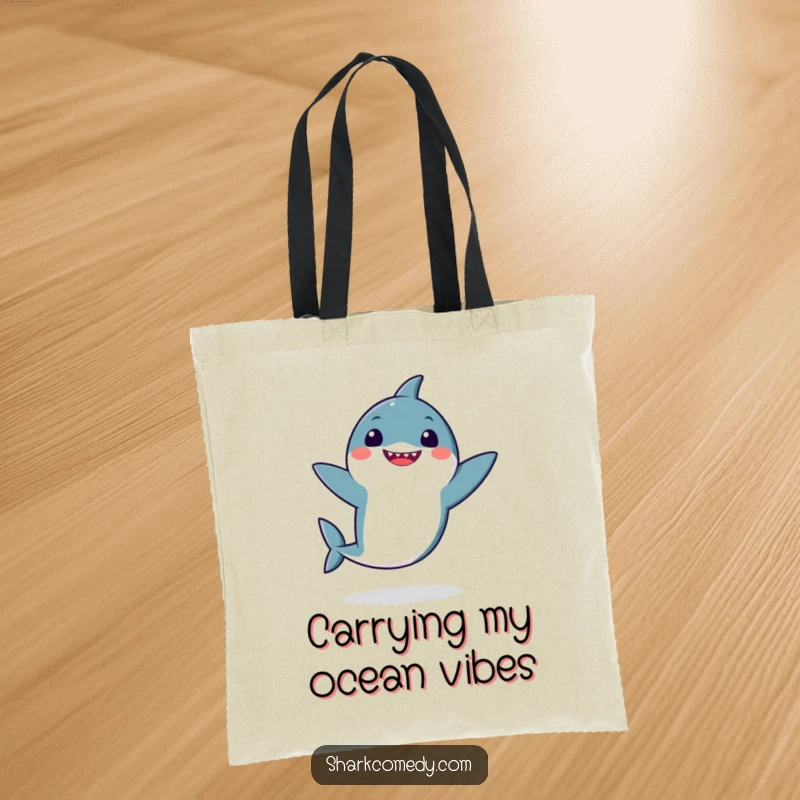 Funny kawaii shark grooving with flappy fins on a durable tote bag, perfect for carrying essentials with a side of oceanic silliness.