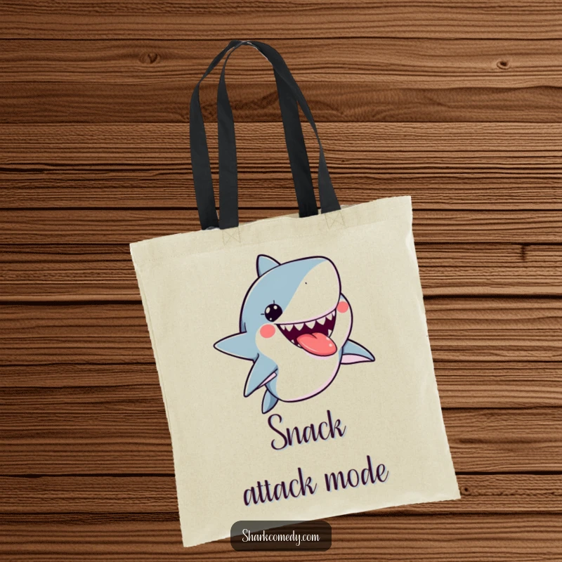 Funny kawaii shark tote bag featuring a cute shark sticking its tongue out playfully, perfect for carrying essentials with style.