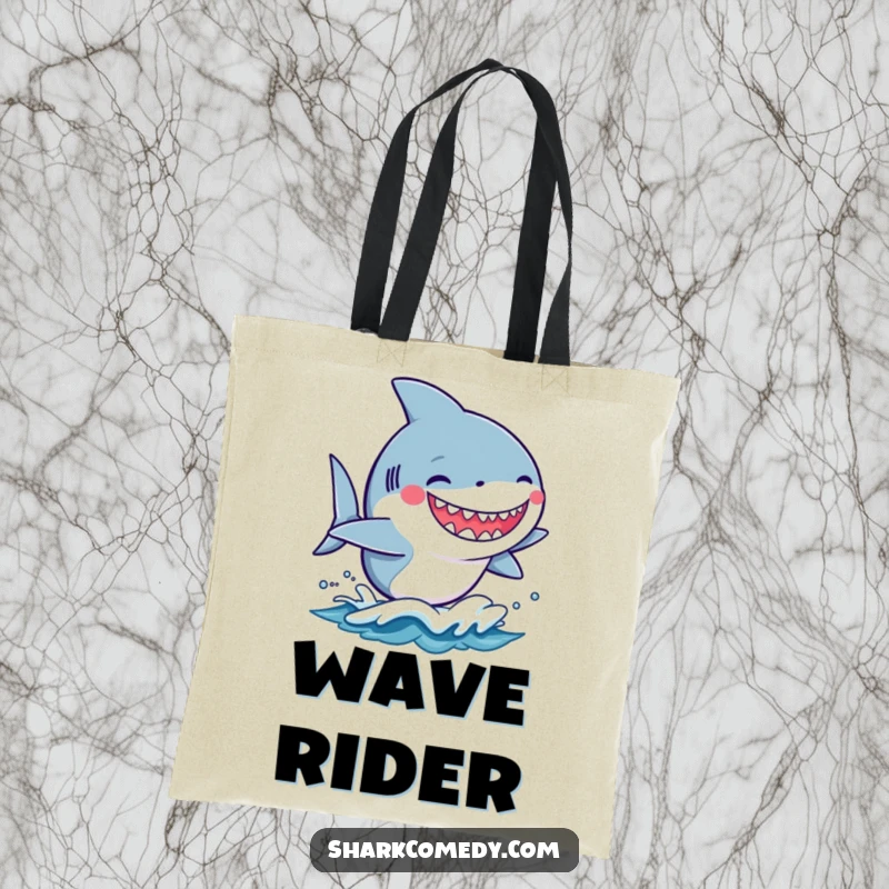 Funny kawaii shark with a silly grin riding a small wave on a durable tote bag, perfect for beach trips.
