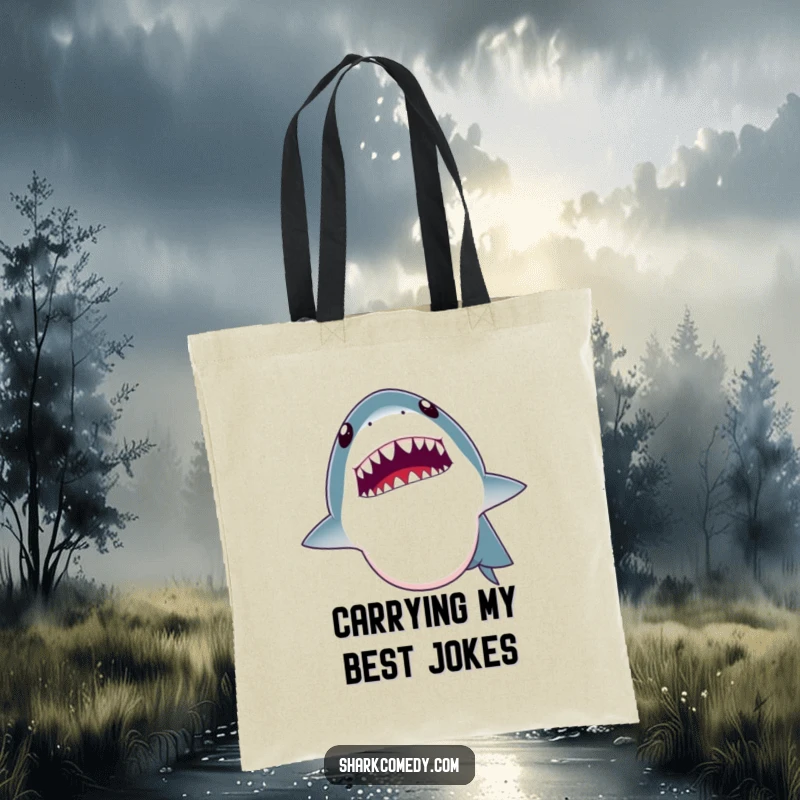 Funny tote bag graphic of a shark opening its mouth wide as if in the middle of telling a joke, showing tiny teeth. Amusing accessory.