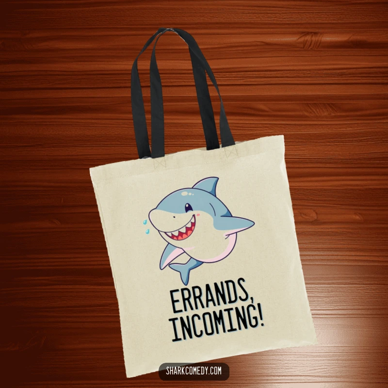 Funny tote bag with a determined shark sprinting at full speed, sweat flying, and a happy, focused expression, ready for any task.