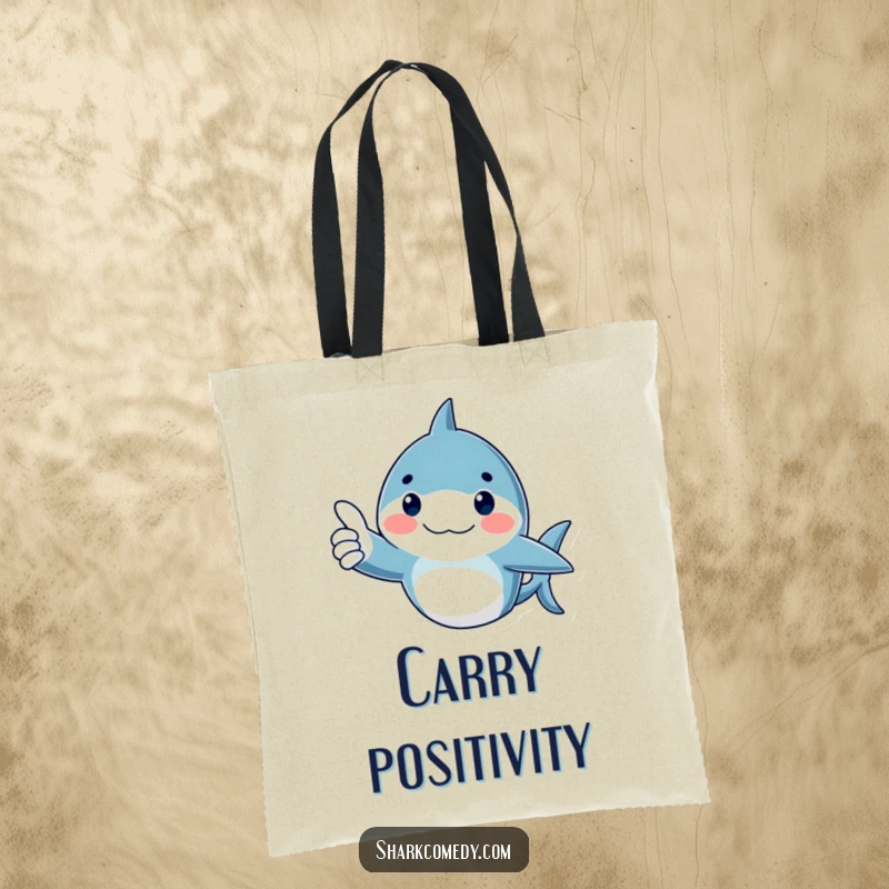 Funny Tote Bag with a shark giving a thumbs up, rosy cheeks adding to its cheerful approval.