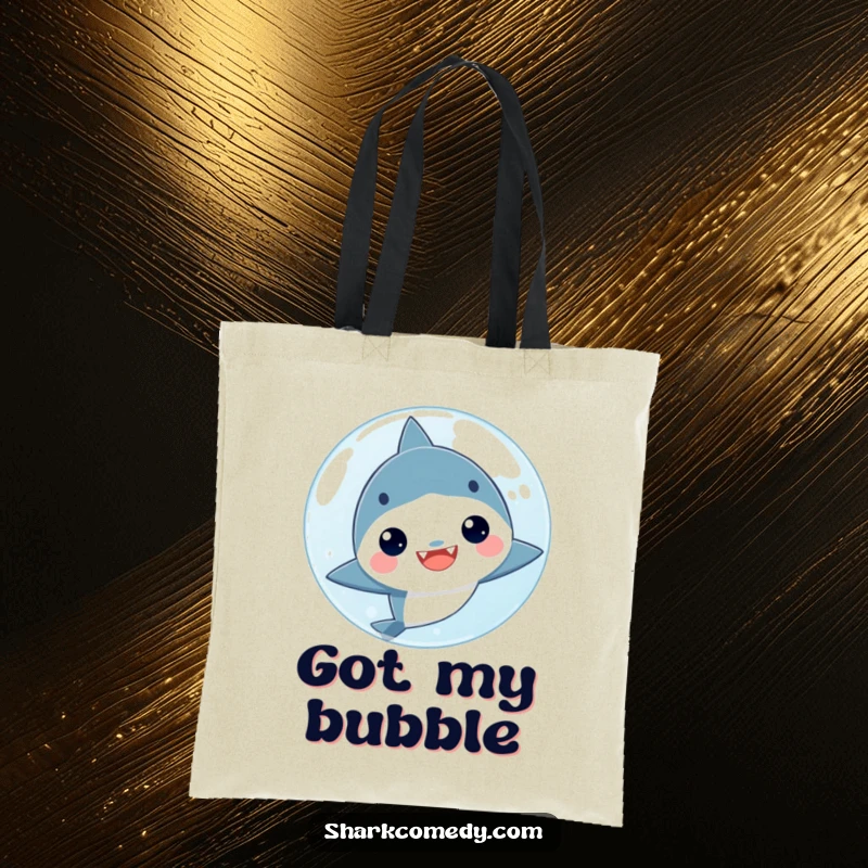 Funny kawaii shark peeking playfully from behind a large bubble on a durable tote bag, great for shopping and errands.