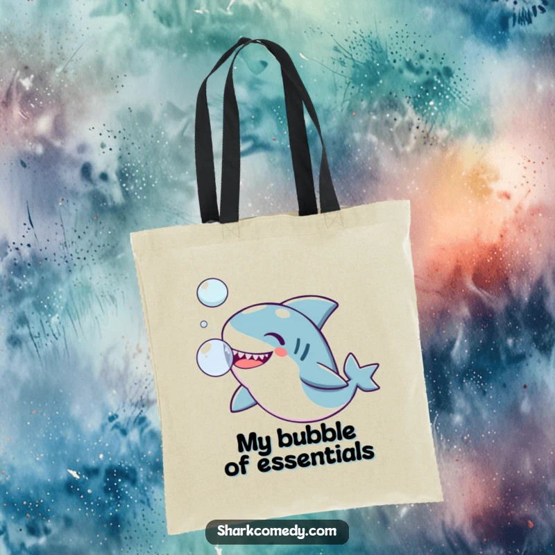 Funny Kawaii shark tote bag, a cute shark joyfully interacting with a floating bubble, perfect for carrying daily essentials.