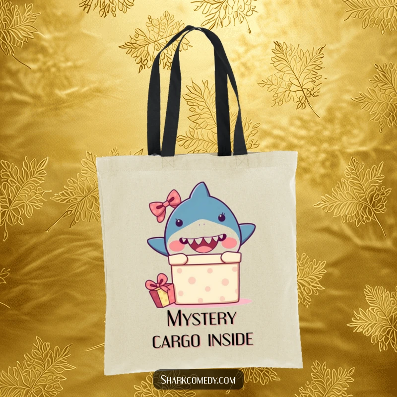 Funny kawaii shark tote bag showing a shark peeking from a gift box with surprise, perfect for carrying items with humor.