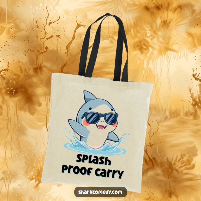 Funny Shark Sunglasses Tote Bag depicting a cool shark in sunglasses, playfully splashing water, ideal for beach trips and everyday use.