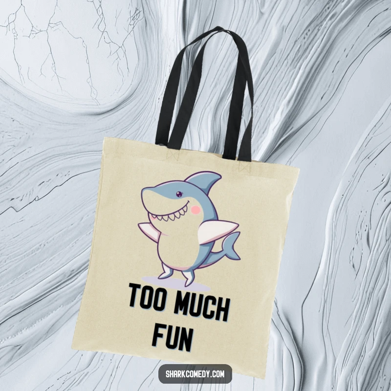 Funny tote bag with a determined shark mid-clumsy-dance, featuring a big goofy smile and wobbly fins, ready for errands.